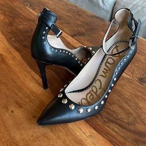 Sam Edelman Helen Black Leather Pumps Heels with Ankle Strap Studs